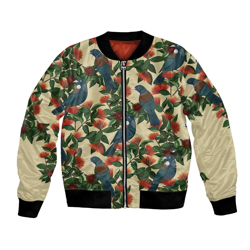 New Zealand Christmas Bomber Jacket Romantic Tui Birds on Pohutukawa - Ivory LT7 Unisex Ivory - Polynesian Pride