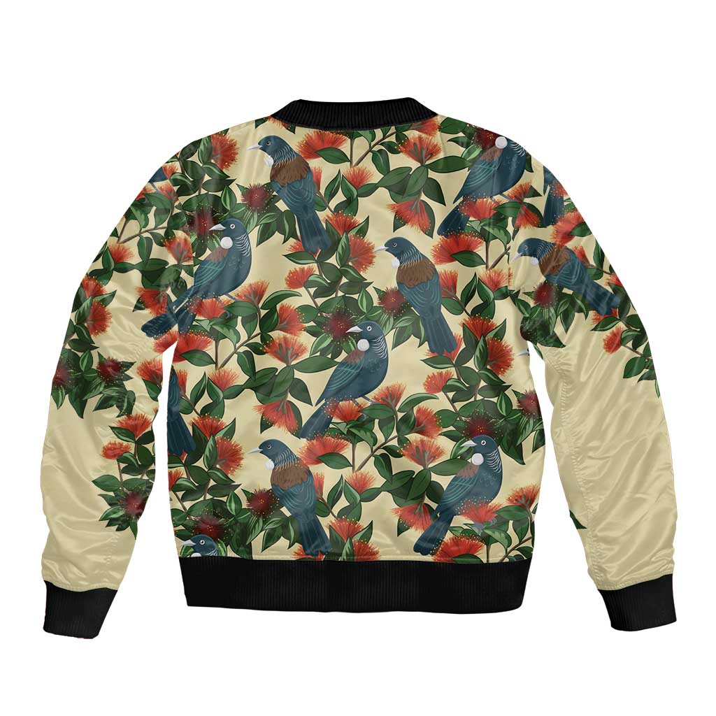 New Zealand Christmas Bomber Jacket Romantic Tui Birds on Pohutukawa - Ivory LT7 - Polynesian Pride