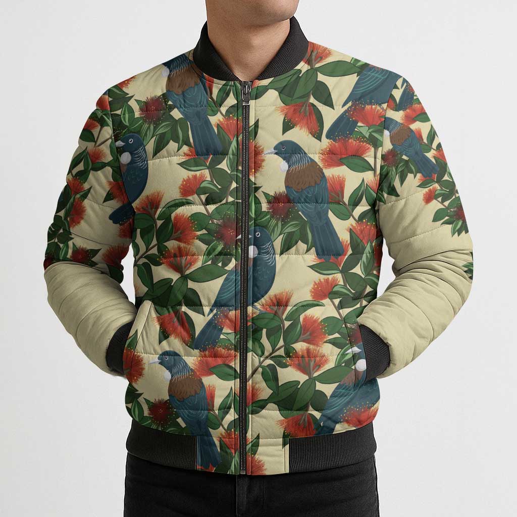 New Zealand Christmas Bomber Puffer Jacket Romantic Tui Birds on Pohutukawa - Ivory - Polynesian Pride