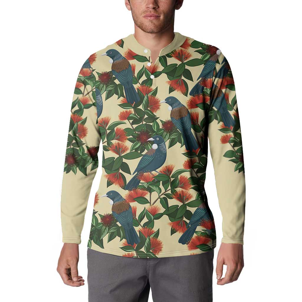 New Zealand Christmas Button Sweatshirt Romantic Tui Birds on Pohutukawa - Ivory - Polynesian Pride