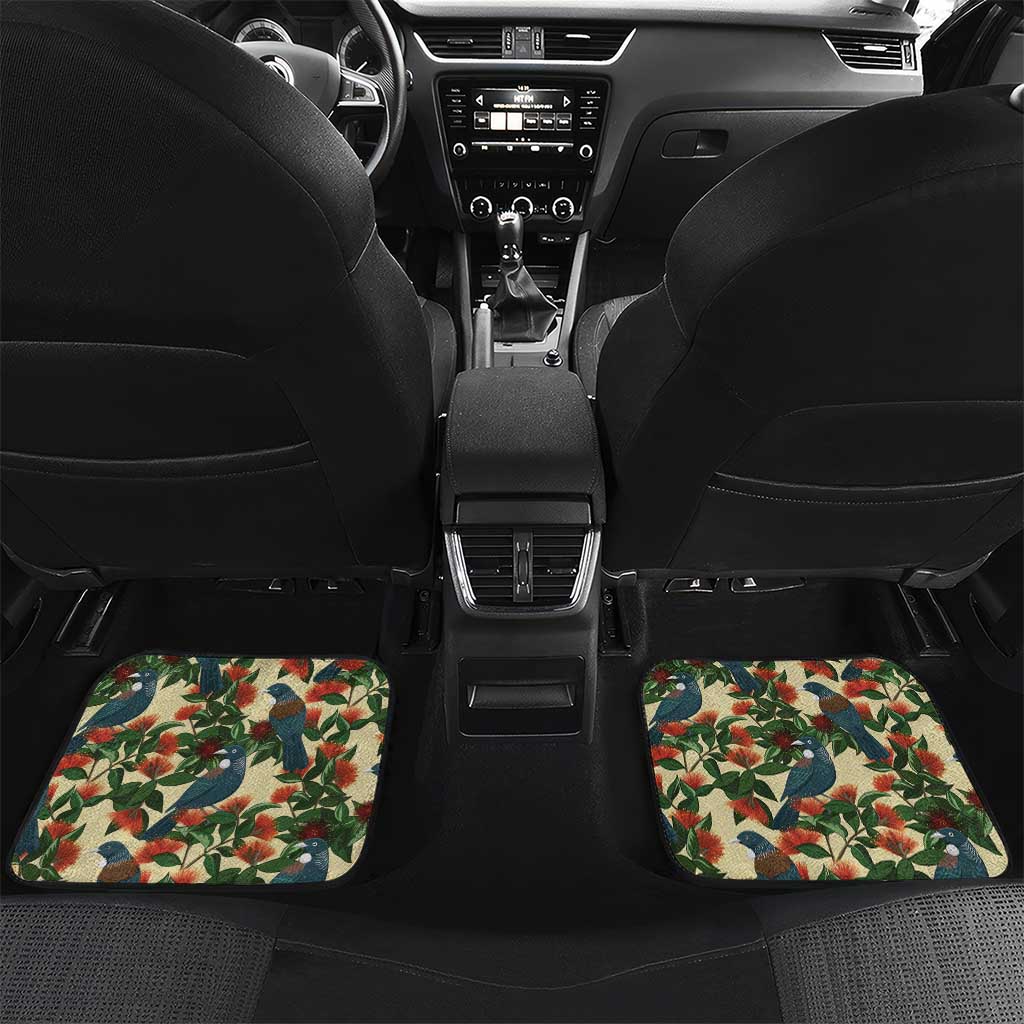 New Zealand Christmas Car Mats Romantic Tui Birds on Pohutukawa - Ivory LT7 Set 2pcs - Back Ivory - Polynesian Pride