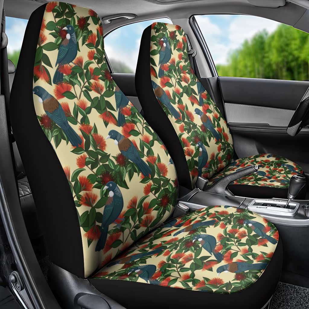 New Zealand Christmas Car Seat Cover Romantic Tui Birds on Pohutukawa - Ivory - Polynesian Pride