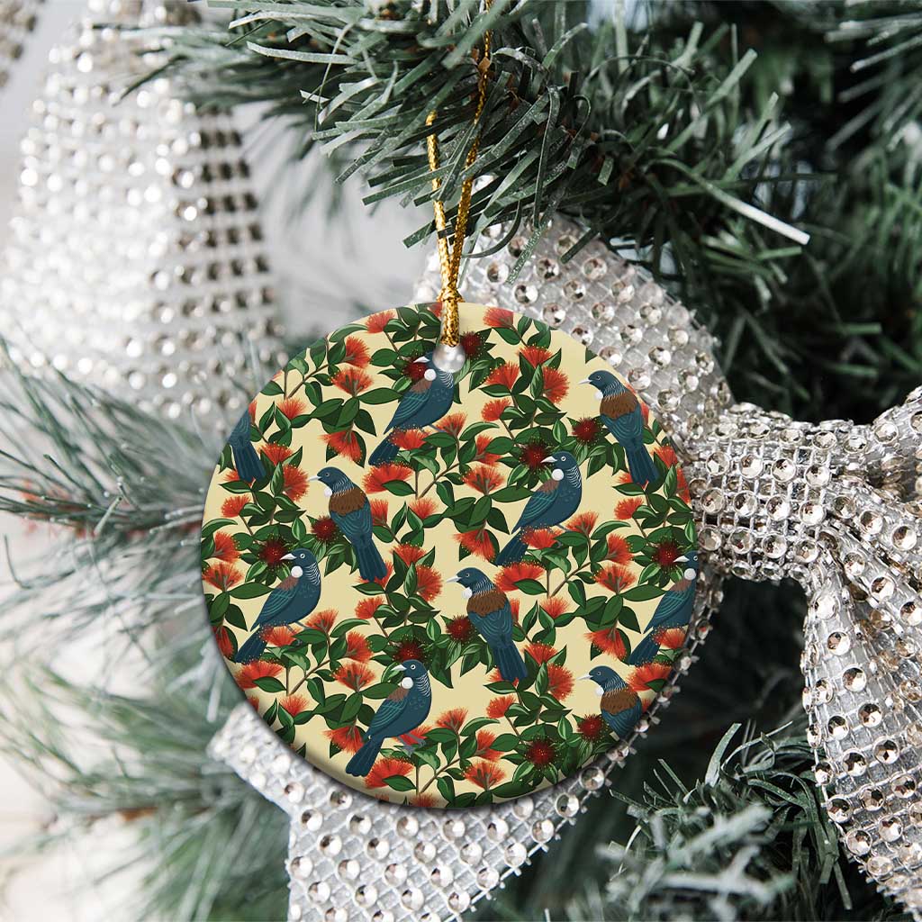 New Zealand Christmas Ceramic Ornament Romantic Tui Birds on Pohutukawa - Ivory - Polynesian Pride