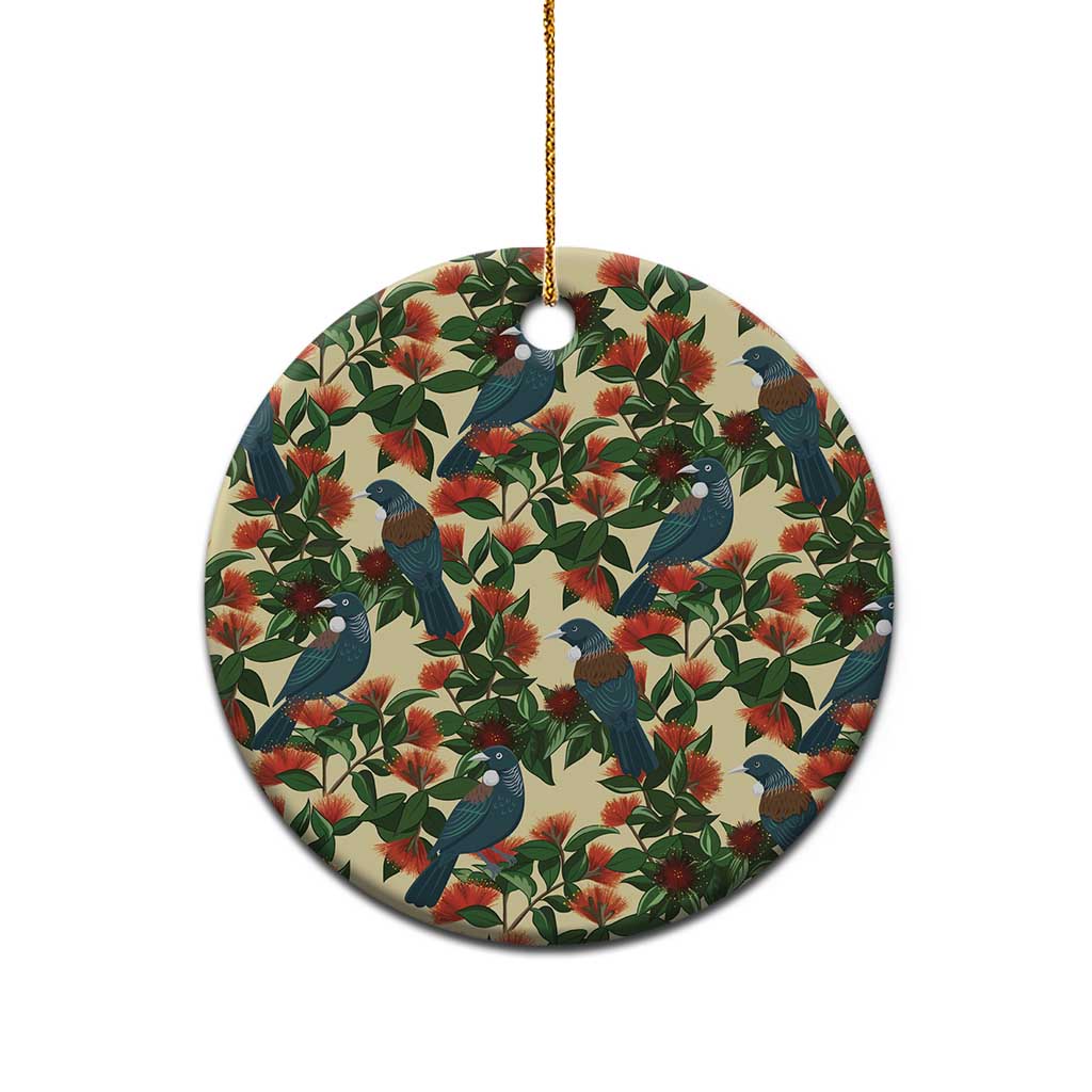 New Zealand Christmas Ceramic Ornament Romantic Tui Birds on Pohutukawa - Ivory - Polynesian Pride
