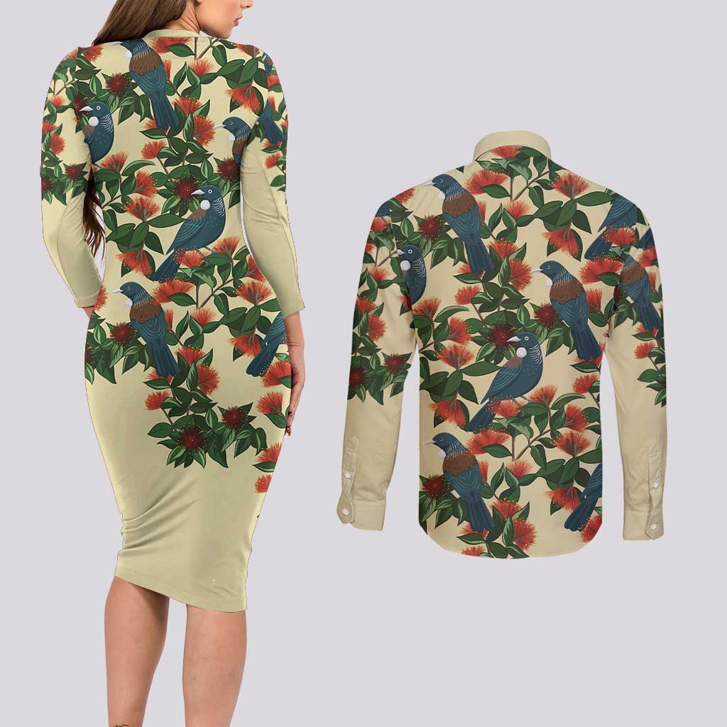 New Zealand Christmas Couples Matching Long Sleeve Bodycon Dress and Long Sleeve Button Shirt Romantic Tui Birds on Pohutukawa - Ivory - Polynesian Pride