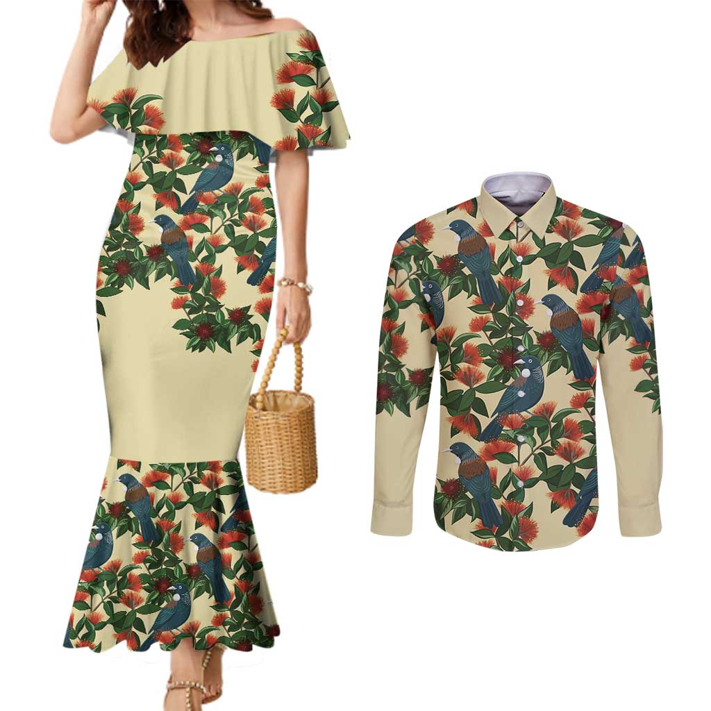 New Zealand Christmas Couples Matching Mermaid Dress and Long Sleeve Button Shirt Romantic Tui Birds on Pohutukawa - Ivory - Polynesian Pride
