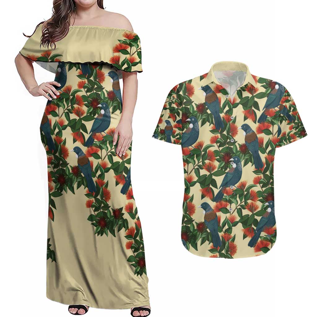New Zealand Christmas Couples Matching Off Shoulder Maxi Dress and Hawaiian Shirt Romantic Tui Birds on Pohutukawa - Ivory - Polynesian Pride