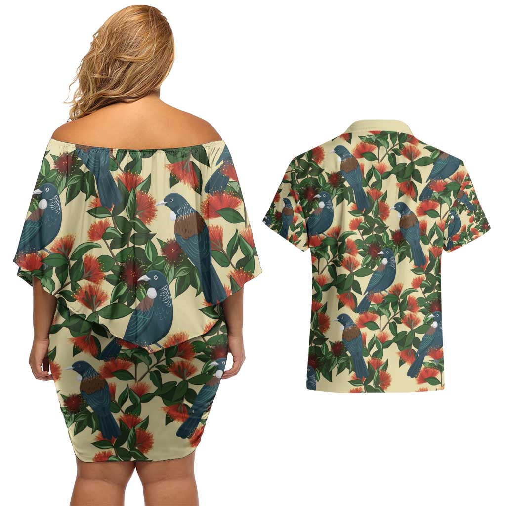New Zealand Christmas Couples Matching Off Shoulder Short Dress and Hawaiian Shirt Romantic Tui Birds on Pohutukawa - Ivory - Polynesian Pride