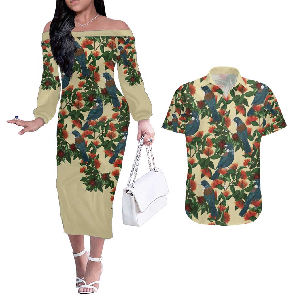 New Zealand Christmas Couples Matching Off The Shoulder Long Sleeve Dress and Hawaiian Shirt Romantic Tui Birds on Pohutukawa - Ivory - Polynesian Pride