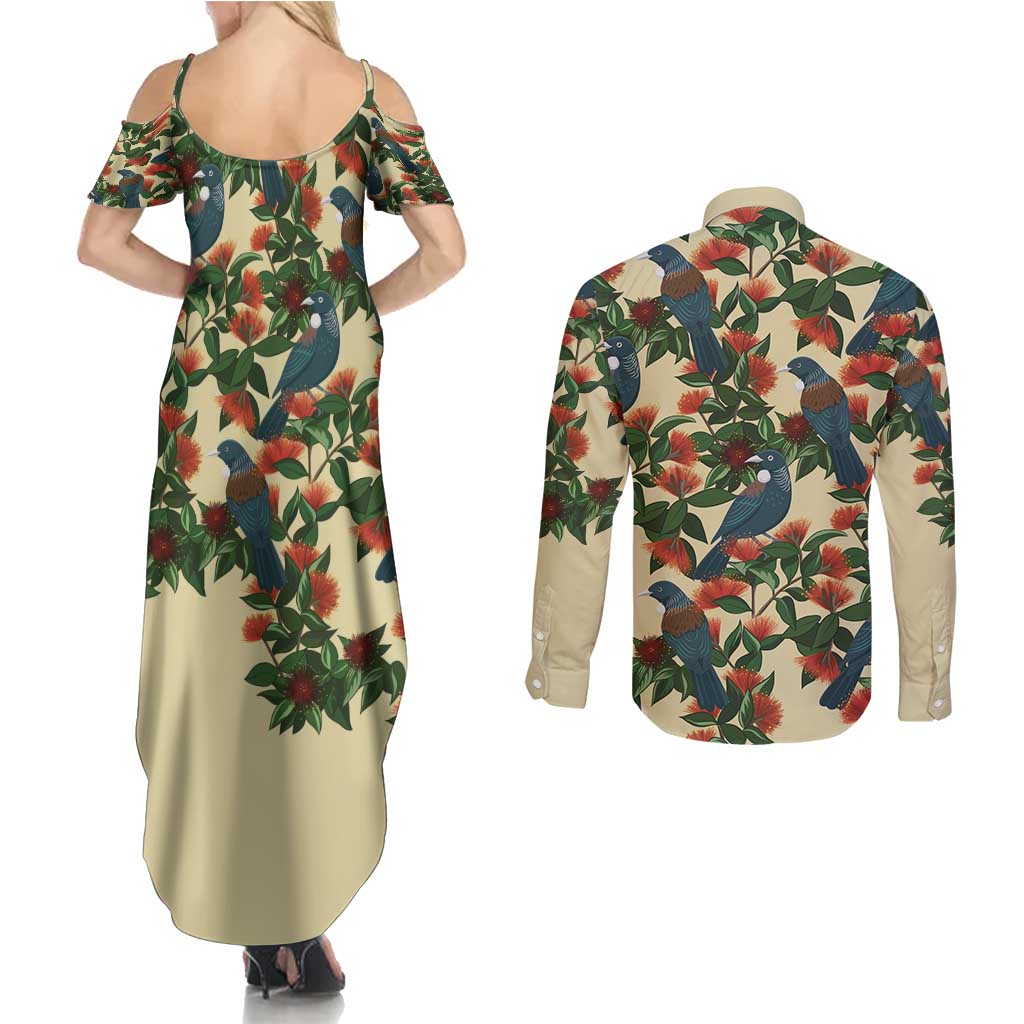 New Zealand Christmas Couples Matching Summer Maxi Dress and Long Sleeve Button Shirt Romantic Tui Birds on Pohutukawa - Ivory - Polynesian Pride