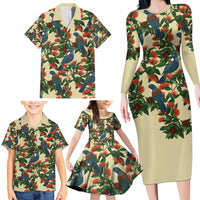 New Zealand Christmas Family Matching Long Sleeve Bodycon Dress and Hawaiian Shirt Romantic Tui Birds on Pohutukawa - Ivory - Polynesian Pride