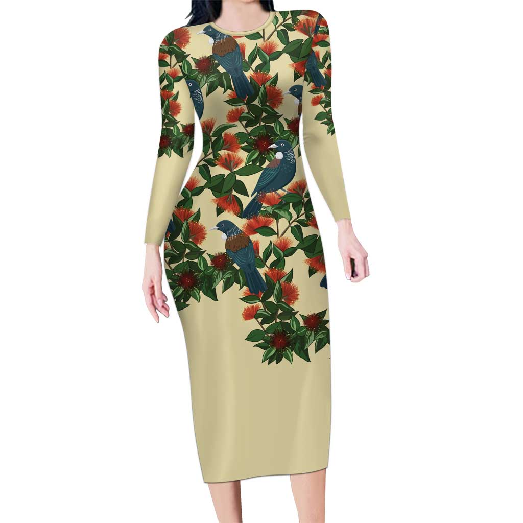 New Zealand Christmas Family Matching Long Sleeve Bodycon Dress and Hawaiian Shirt Romantic Tui Birds on Pohutukawa - Ivory - Polynesian Pride