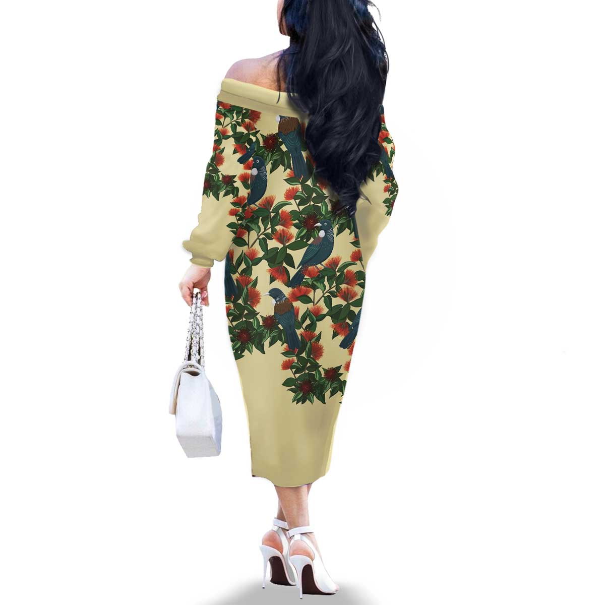 New Zealand Christmas Family Matching Off The Shoulder Long Sleeve Dress and Hawaiian Shirt Romantic Tui Birds on Pohutukawa - Ivory - Polynesian Pride