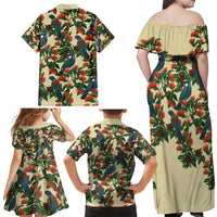 New Zealand Christmas Family Matching Off Shoulder Maxi Dress and Hawaiian Shirt Romantic Tui Birds on Pohutukawa - Ivory - Polynesian Pride