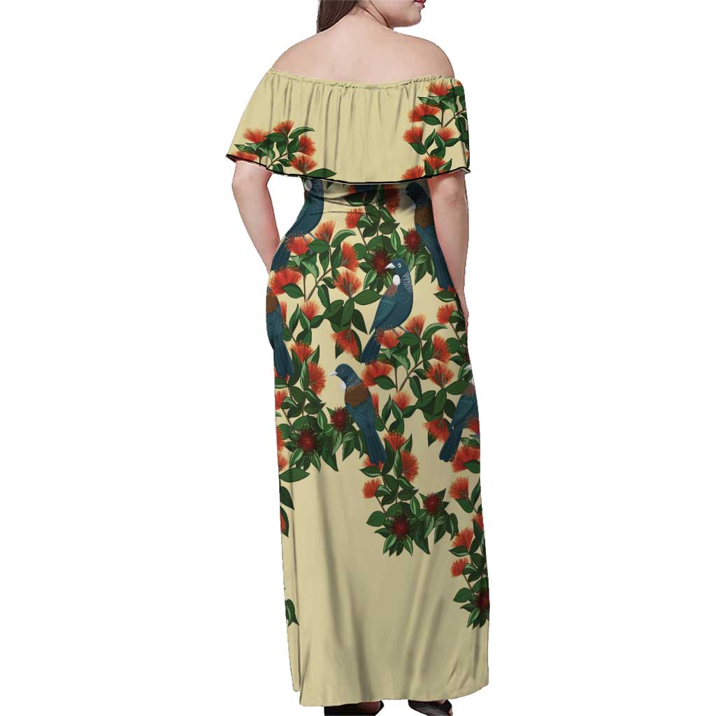 New Zealand Christmas Family Matching Off Shoulder Maxi Dress and Hawaiian Shirt Romantic Tui Birds on Pohutukawa - Ivory - Polynesian Pride
