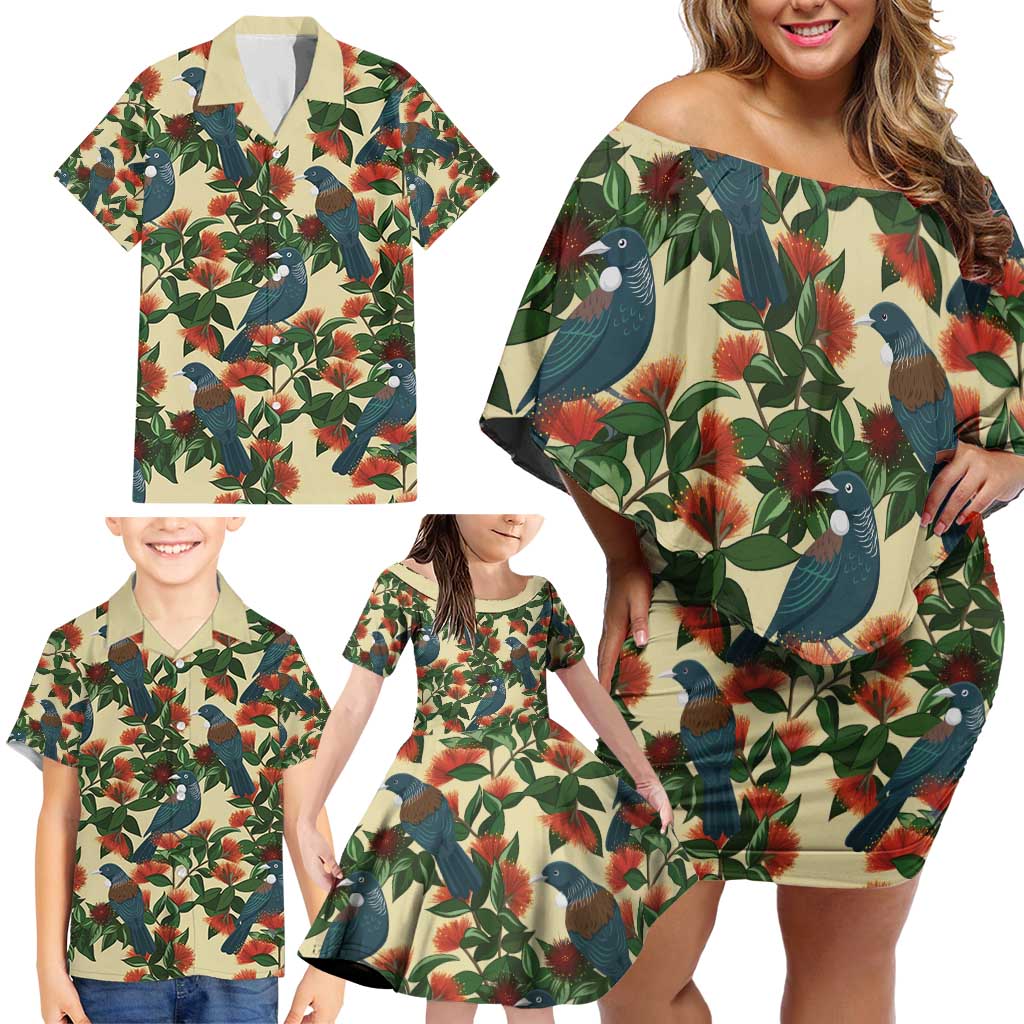 New Zealand Christmas Family Matching Off Shoulder Short Dress and Hawaiian Shirt Romantic Tui Birds on Pohutukawa - Ivory - Polynesian Pride
