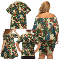 New Zealand Christmas Family Matching Off Shoulder Short Dress and Hawaiian Shirt Romantic Tui Birds on Pohutukawa - Ivory - Polynesian Pride