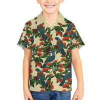 New Zealand Christmas Family Matching Off Shoulder Short Dress and Hawaiian Shirt Romantic Tui Birds on Pohutukawa - Ivory - Polynesian Pride