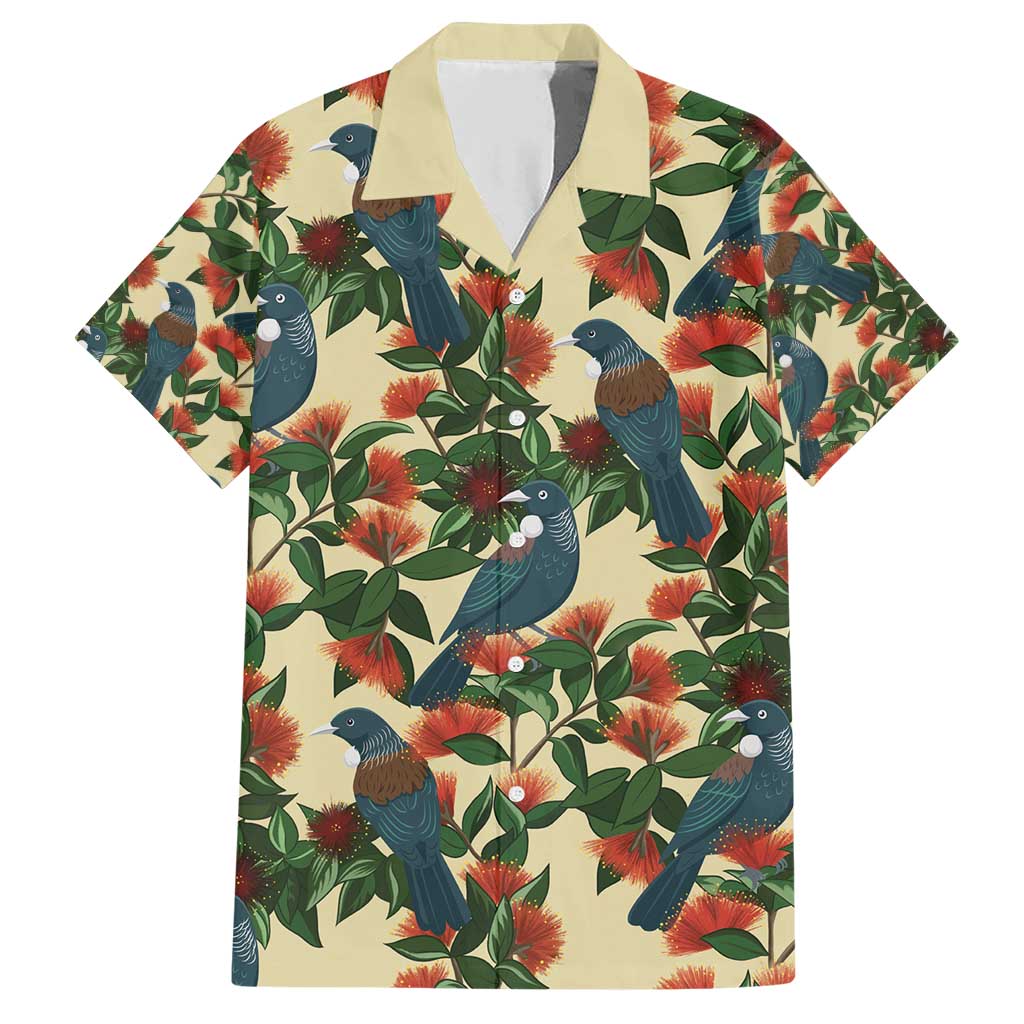 New Zealand Christmas Family Matching Short Sleeve Bodycon Dress and Hawaiian Shirt Romantic Tui Birds on Pohutukawa - Ivory - Polynesian Pride