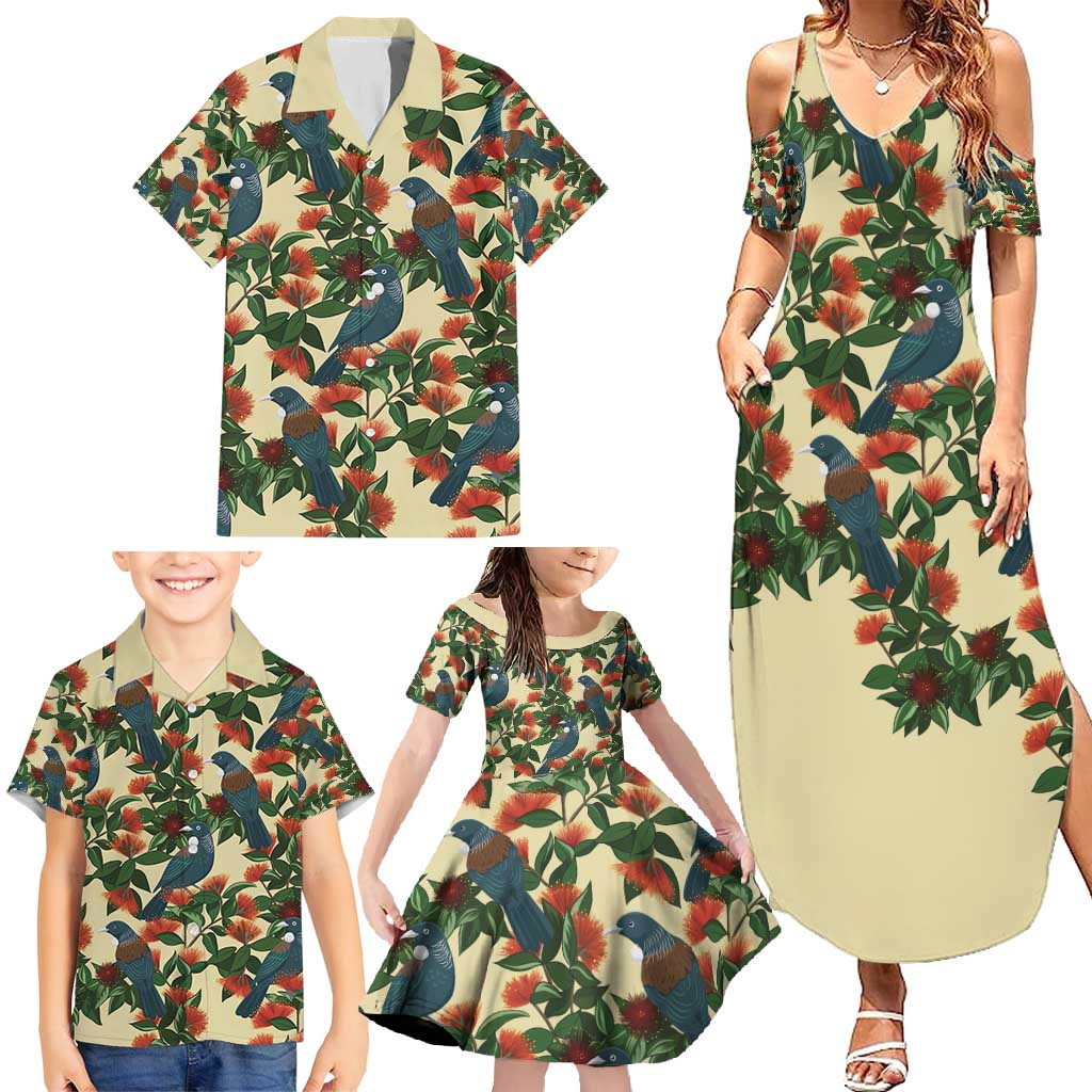 New Zealand Christmas Family Matching Summer Maxi Dress and Hawaiian Shirt Romantic Tui Birds on Pohutukawa - Ivory - Polynesian Pride