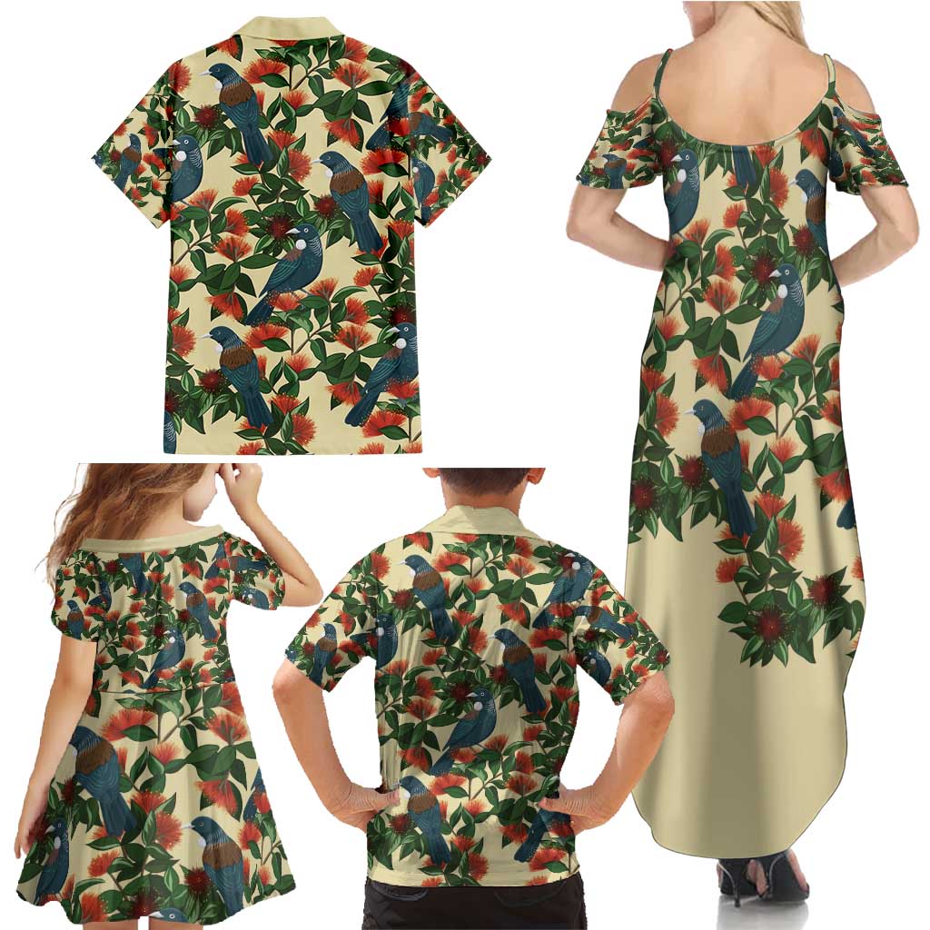 New Zealand Christmas Family Matching Summer Maxi Dress and Hawaiian Shirt Romantic Tui Birds on Pohutukawa - Ivory - Polynesian Pride