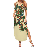 New Zealand Christmas Family Matching Summer Maxi Dress and Hawaiian Shirt Romantic Tui Birds on Pohutukawa - Ivory - Polynesian Pride