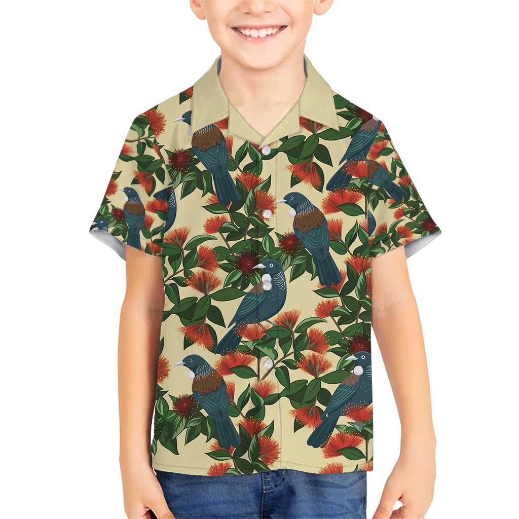 New Zealand Christmas Family Matching Tank Maxi Dress and Hawaiian Shirt Romantic Tui Birds on Pohutukawa - Ivory - Polynesian Pride