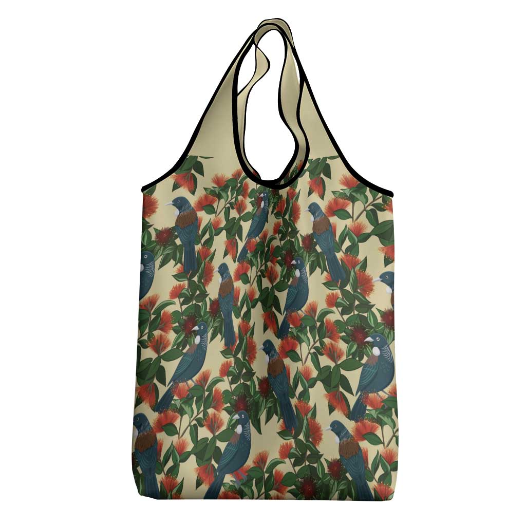 New Zealand Christmas Grocery Bag Romantic Tui Birds on Pohutukawa - Ivory - Polynesian Pride