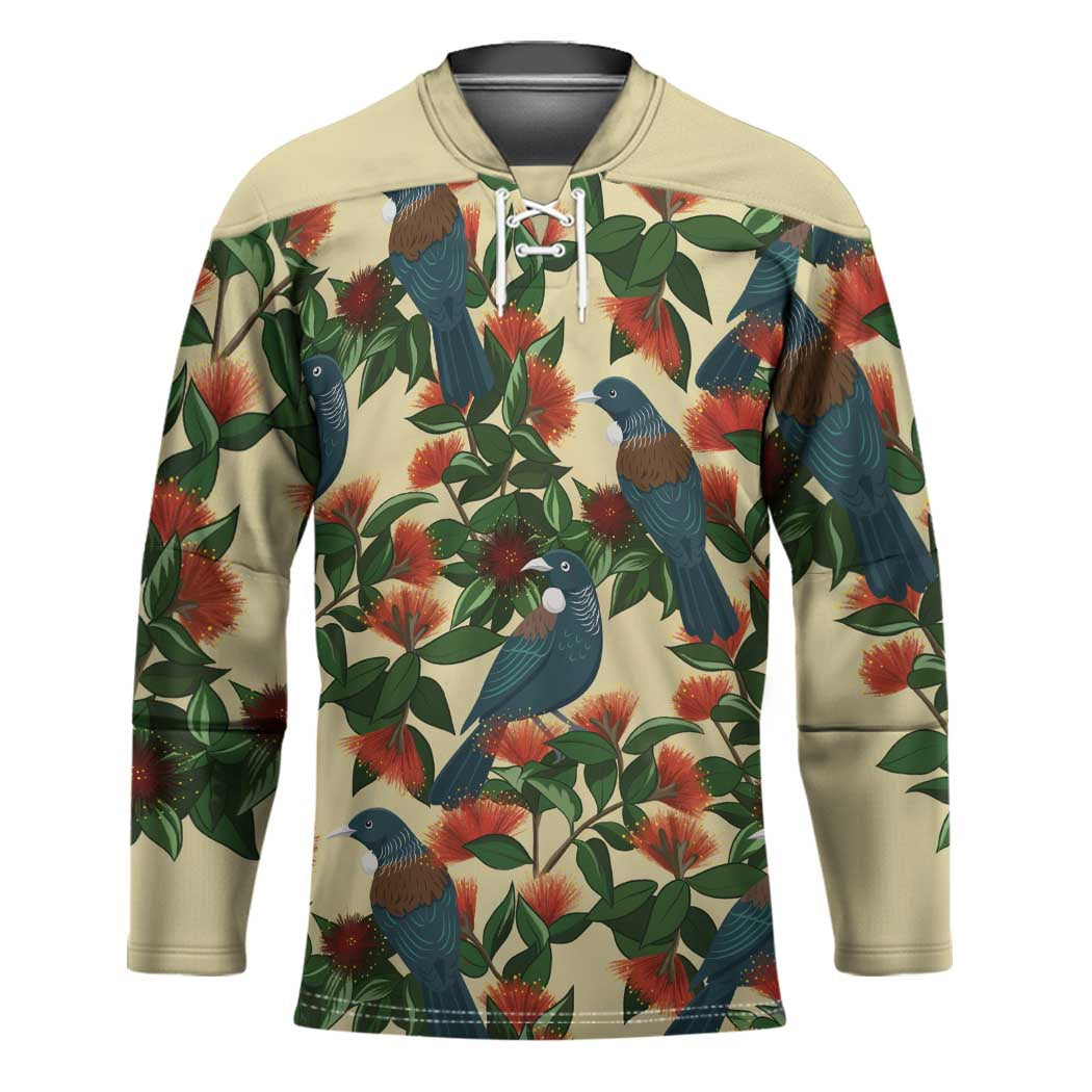 New Zealand Christmas Hockey Jersey Romantic Tui Birds on Pohutukawa - Ivory LT7 Unisex Ivory - Polynesian Pride