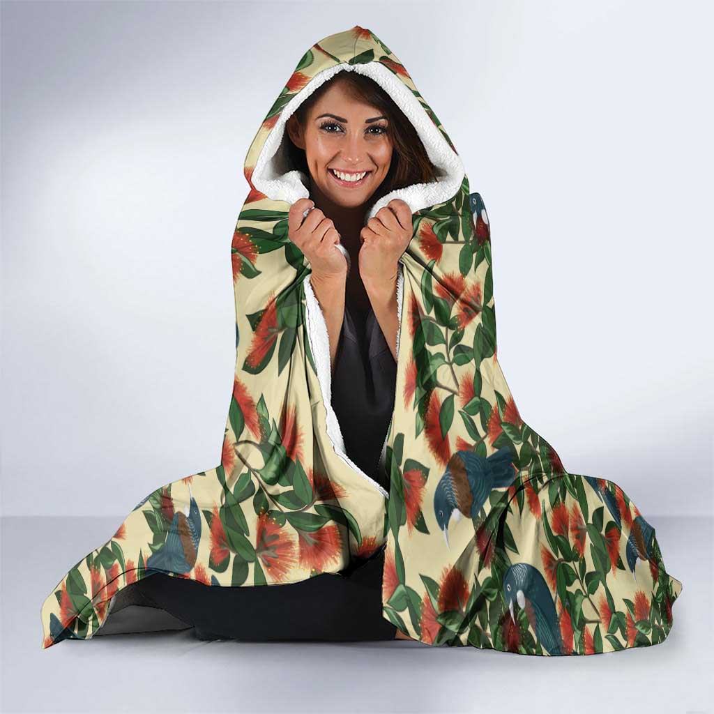 New Zealand Christmas Hooded Blanket Romantic Tui Birds on Pohutukawa - Ivory LT7 - Polynesian Pride