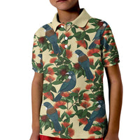New Zealand Christmas Kid Polo Shirt Romantic Tui Birds on Pohutukawa - Ivory - Polynesian Pride