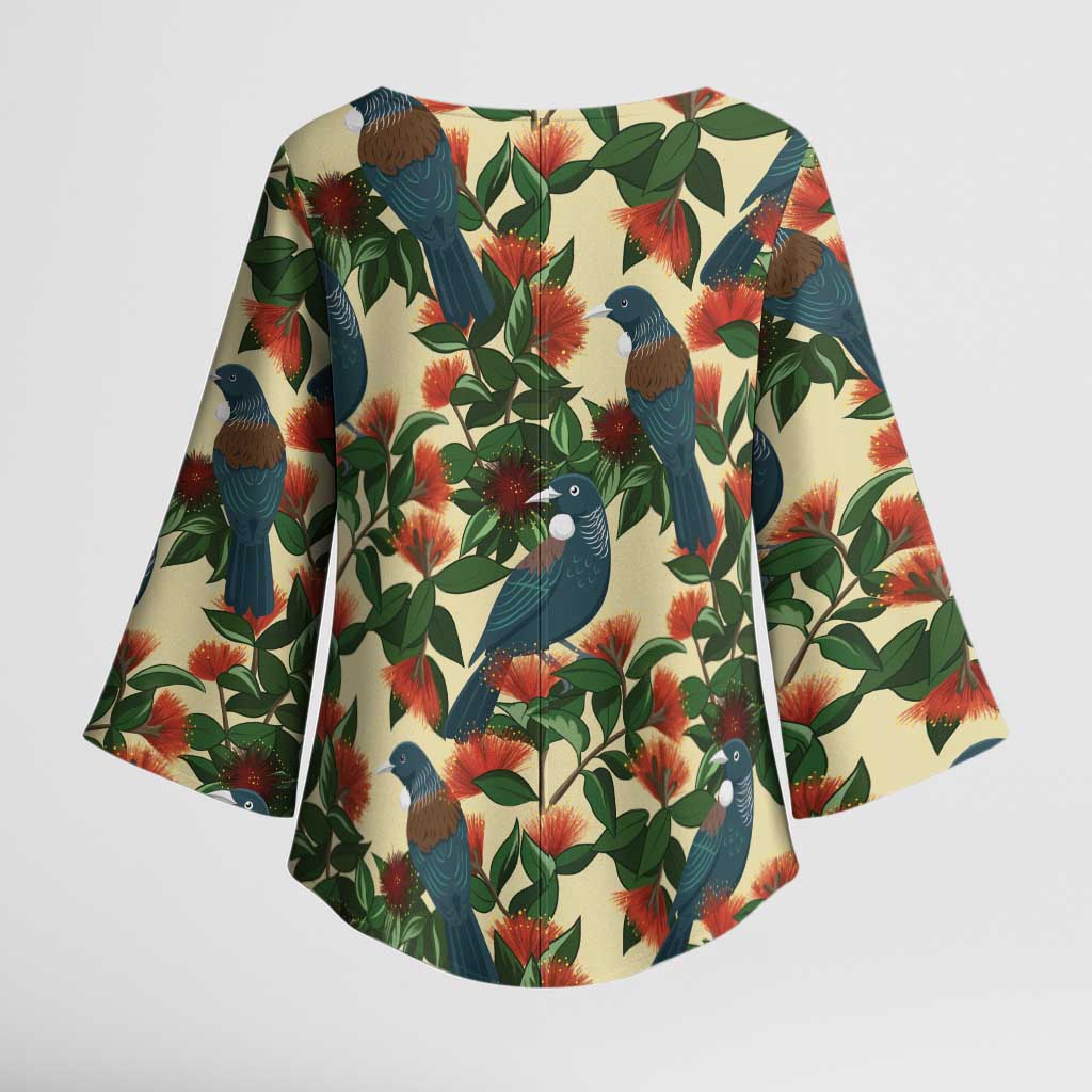 New Zealand Christmas Kimono Sleeve Blouse Romantic Tui Birds on Pohutukawa - Ivory - Polynesian Pride