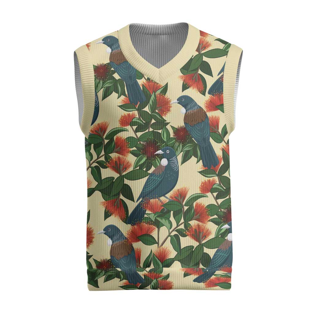 New Zealand Christmas Knitted V-Neck Vest Romantic Tui Birds on Pohutukawa - Ivory - Polynesian Pride