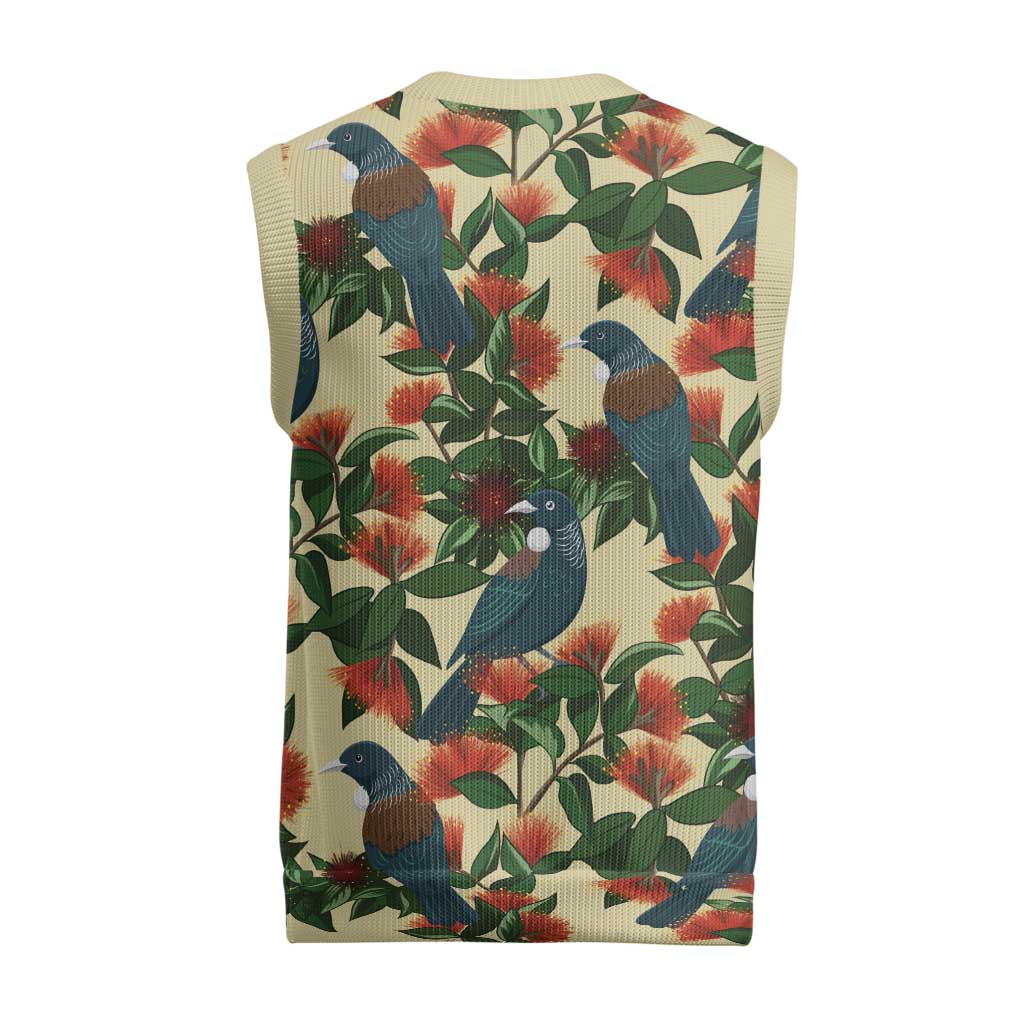 New Zealand Christmas Knitted V-Neck Vest Romantic Tui Birds on Pohutukawa - Ivory - Polynesian Pride