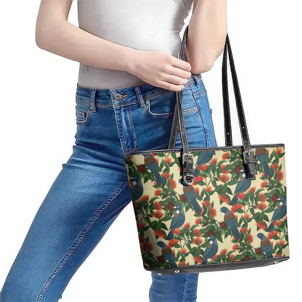 New Zealand Christmas Leather Tote Bag Romantic Tui Birds on Pohutukawa - Ivory LT7 - Polynesian Pride