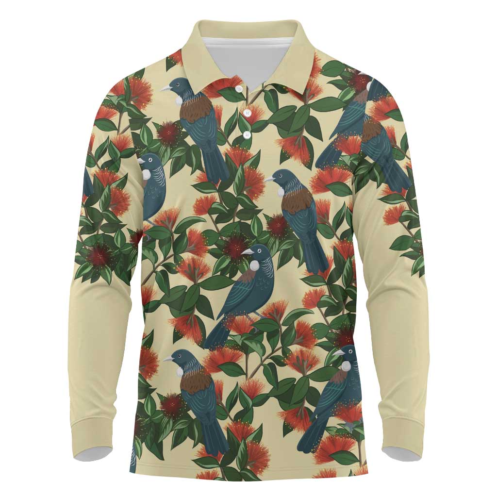 New Zealand Christmas Long Sleeve Polo Shirt Romantic Tui Birds on Pohutukawa - Ivory - Polynesian Pride