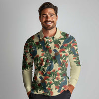 New Zealand Christmas Long Sleeve Polo Shirt Romantic Tui Birds on Pohutukawa - Ivory - Polynesian Pride