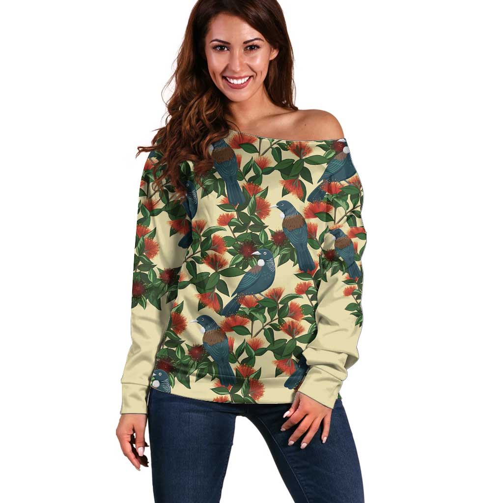 New Zealand Christmas Off Shoulder Sweater Romantic Tui Birds on Pohutukawa - Ivory LT7 Women Ivory - Polynesian Pride