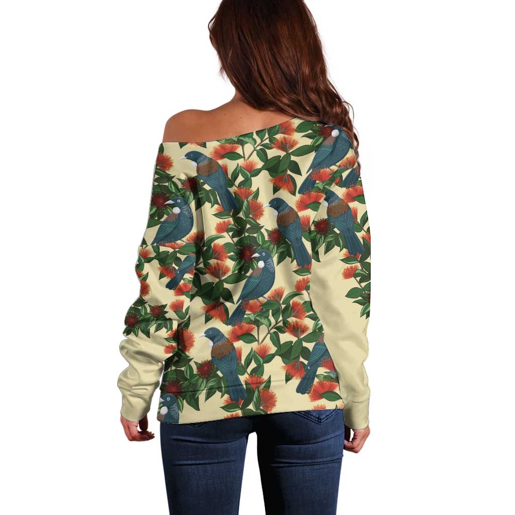 New Zealand Christmas Off Shoulder Sweater Romantic Tui Birds on Pohutukawa - Ivory LT7 - Polynesian Pride