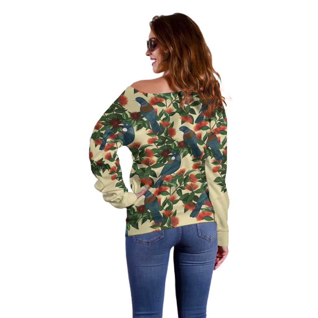 New Zealand Christmas Off Shoulder Sweater Romantic Tui Birds on Pohutukawa - Ivory LT7 - Polynesian Pride