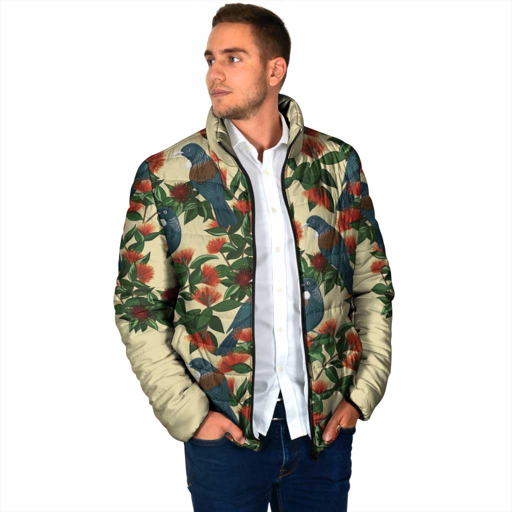 New Zealand Christmas Padded Jacket Romantic Tui Birds on Pohutukawa - Ivory - Polynesian Pride