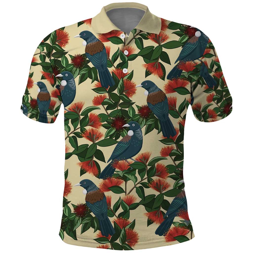 New Zealand Christmas Polo Shirt Romantic Tui Birds on Pohutukawa - Ivory - Polynesian Pride