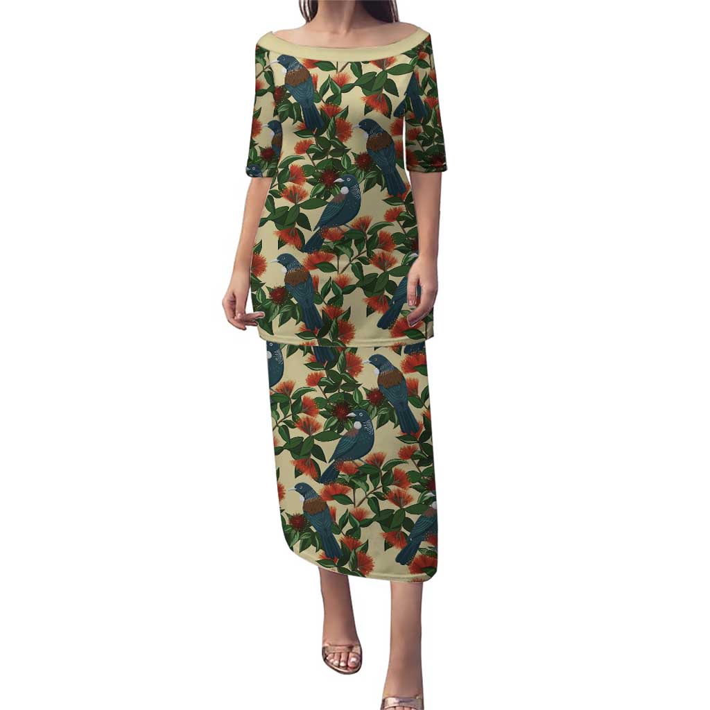 New Zealand Christmas Puletasi Romantic Tui Birds on Pohutukawa - Ivory LT7 Long Dress Ivory - Polynesian Pride