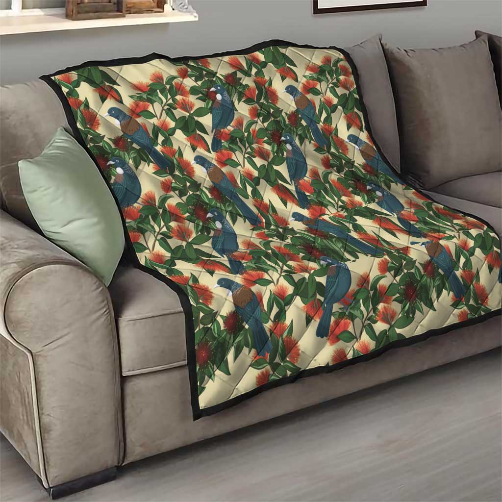 New Zealand Christmas Quilt Romantic Tui Birds on Pohutukawa - Ivory - Polynesian Pride