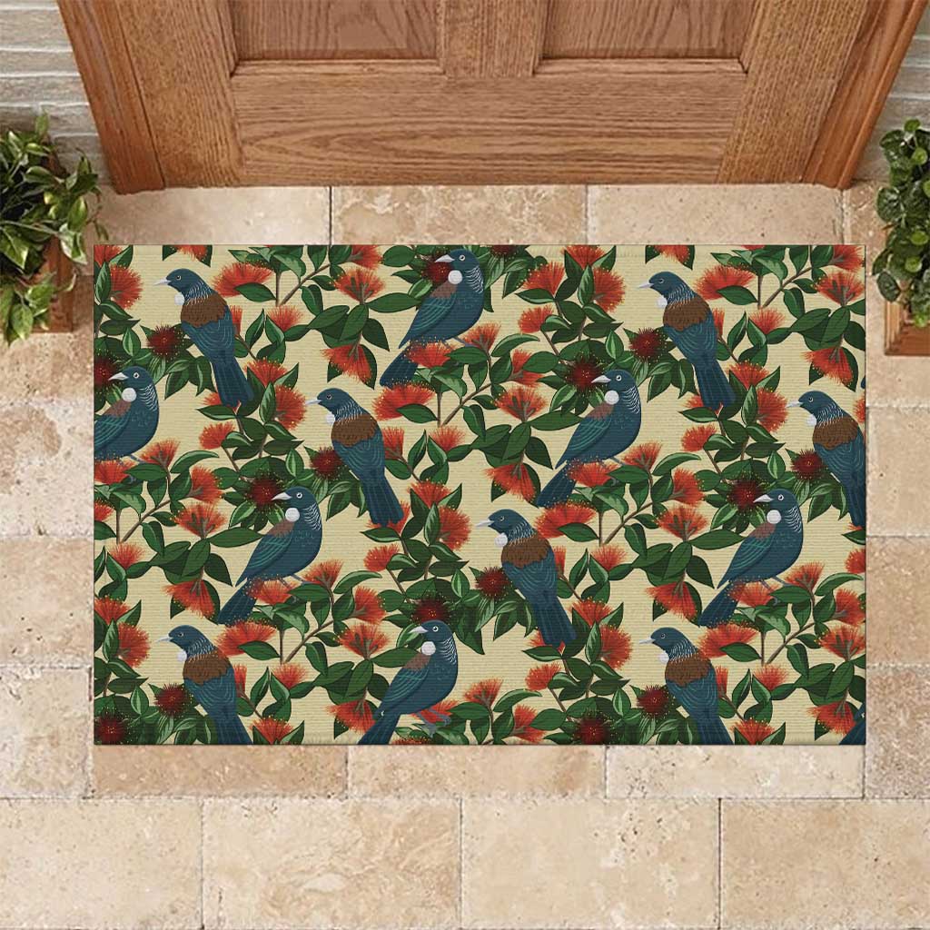 New Zealand Christmas Rubber Doormat Romantic Tui Birds on Pohutukawa - Ivory - Polynesian Pride