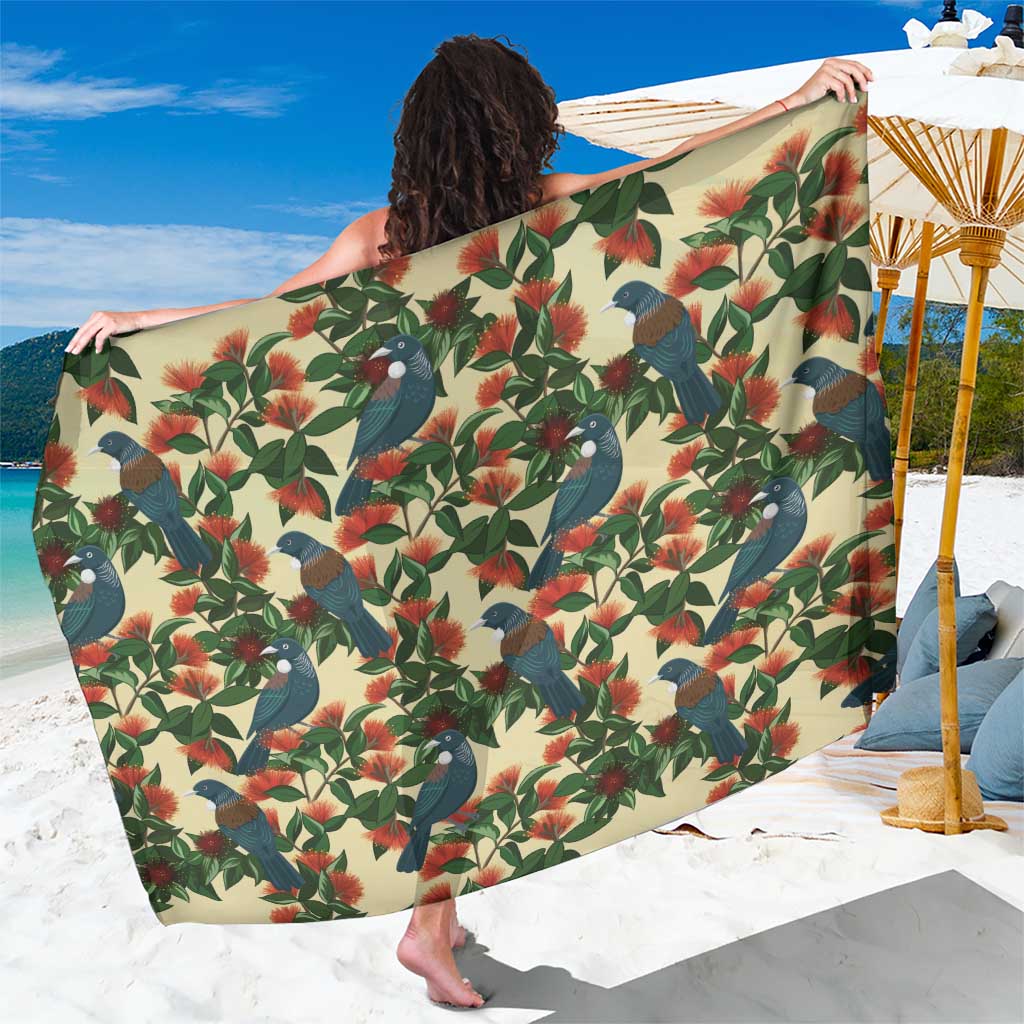 New Zealand Christmas Sarong Romantic Tui Birds on Pohutukawa - Ivory LT7 One Size 44 x 66 inches Ivory - Polynesian Pride