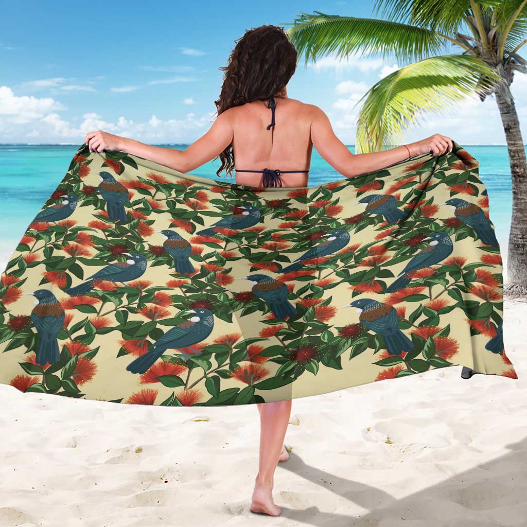 New Zealand Christmas Sarong Romantic Tui Birds on Pohutukawa - Ivory LT7 - Polynesian Pride