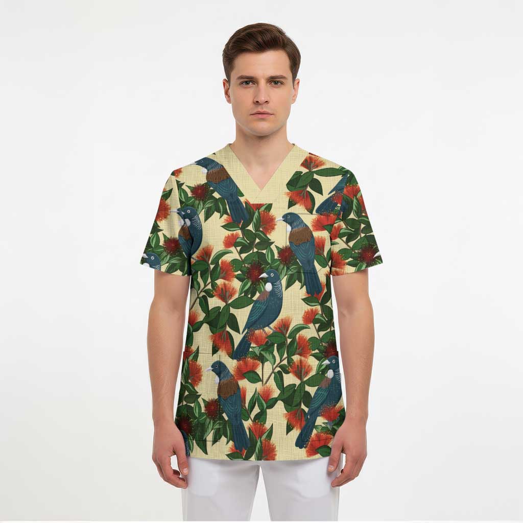 New Zealand Christmas Scrub Top Romantic Tui Birds on Pohutukawa - Ivory - Polynesian Pride