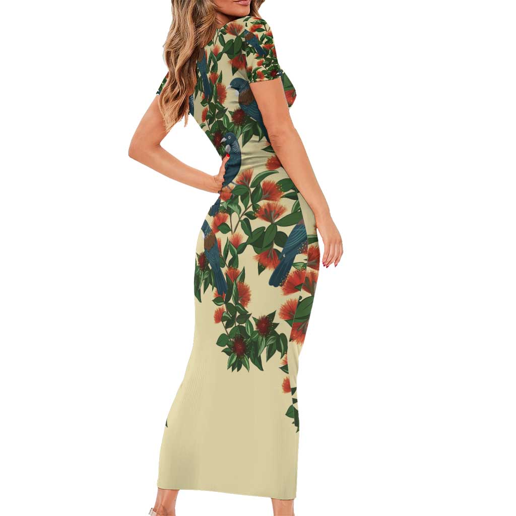 New Zealand Christmas Short Sleeve Bodycon Dress Romantic Tui Birds on Pohutukawa - Ivory LT7 - Polynesian Pride