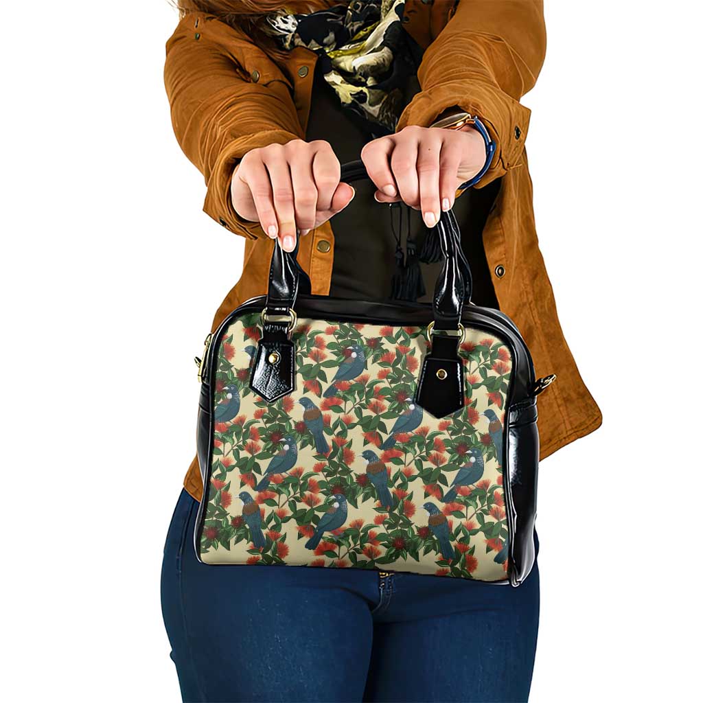New Zealand Christmas Shoulder Handbag Romantic Tui Birds on Pohutukawa - Ivory LT7 One Size Ivory - Polynesian Pride